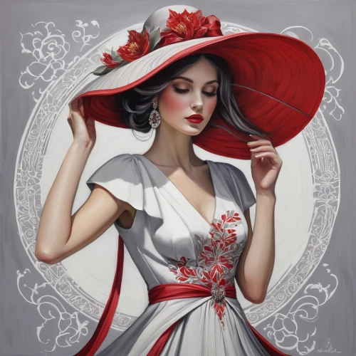 geisha girl,fashion illustration,lady in red,geisha,red hat,queen of hearts,victorian lady,rose white and red,man in red dress,art deco woman,the hat of the woman,fashion vector,panama hat,oriental princess,white and red,beautiful bonnet,parasol,valentine pin up,red riding hood,flamenco,Illustration,Realistic Fantasy,Realistic Fantasy 30