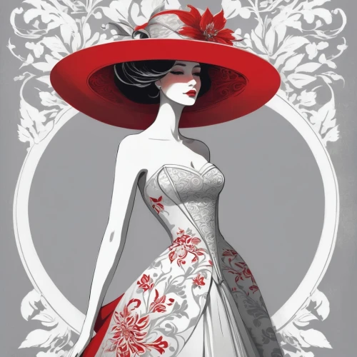 fashion illustration,the hat of the woman,panama hat,fashion vector,rose white and red,red hat,lady in red,victorian lady,costume design,queen of hearts,bridal clothing,book cover,evening dress,art deco woman,widow flower,red rose,geisha girl,mrs white,mystery book cover,vesper,Illustration,Realistic Fantasy,Realistic Fantasy 16