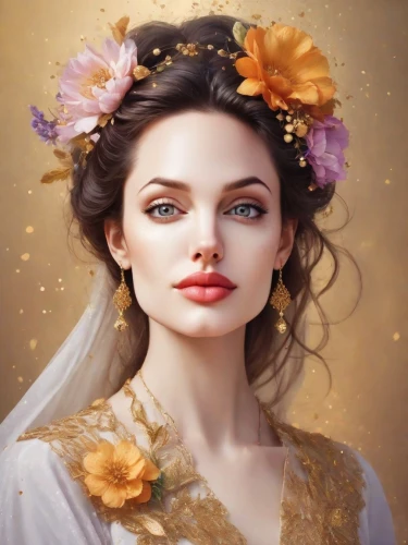 fantasy portrait,romantic portrait,mystical portrait of a girl,golden lilac,faery,victorian lady,romantic look,beautiful girl with flowers,fantasy art,jasmine blossom,world digital painting,portrait of a girl,fashion illustration,portrait background,golden flowers,girl in flowers,boho art,flower girl,fairy queen,faerie,Photography,Cinematic