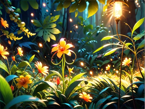 fireflies,tropical floral background,fairy forest,fairy lanterns,tropical bloom,cartoon video game background,bulbs,forest floor,flower background,floral digital background,jungle,luminous garland,firefly,torch lilies,night-blooming cactus,fairy world,lanterns,lilies of the valley,rainforest,forest flower,Anime,Anime,Cartoon
