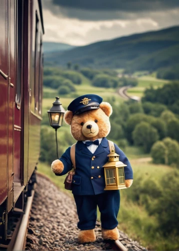 teddy bear waiting,conductor,children's railway,reichsbahn,hogwarts express,private railway,the bavarian railway museum,brocken railway,international trains,coaches and locomotive on rails,steam train furka mountain range,oebb,toy train,steam railway,german reichsbahn,schynige platte railway,freight locomotive,train ride,steam train,railway,Illustration,Paper based,Paper Based 18