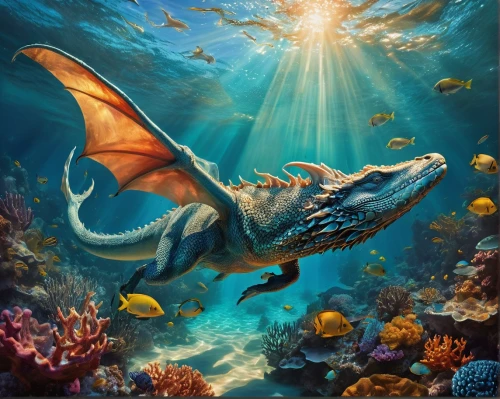 marine reptile,underwater background,fantasy picture,underwater landscape,cynorhodon,fantasy art,ankylosaurus,god of the sea,marine animal,underwater world,sea animal,aquatic animals,sea life underwater,lissotriton,aquatic animal,aquarium decor,aquatic life,coelacanth,painted dragon,landmannahellir,Illustration,Realistic Fantasy,Realistic Fantasy 40