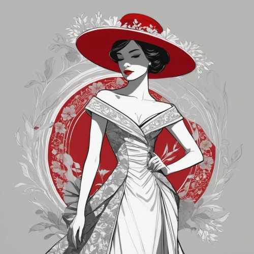 fashion illustration,art deco woman,victorian lady,panama hat,fashion vector,vintage illustration,fashionista from the 20s,1920's retro,the hat of the woman,rose white and red,red hat,lady in red,geisha girl,geisha,vintage drawing,vintage woman,vesper,queen anne,vintage dress,mrs white,Illustration,Paper based,Paper Based 05