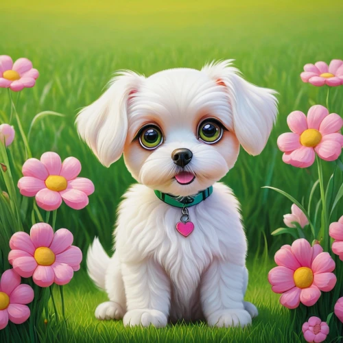 cute puppy,flower background,shih tzu,maltepoo,havanese,flower animal,pekingese,japanese chin,pink floral background,cheerful dog,dog illustration,flower painting,cute animals,canine rose,springtime background,cute cartoon character,shih-poo,shih poo,cavapoo,tibetan terrier,Illustration,Retro,Retro 16