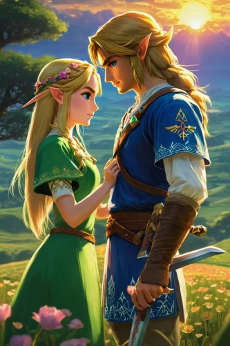 link,a fairy tale,throughout the game of love,rupees,father and daughter,beautiful couple,golden sun,prince and princess,link outreach,couple goal,young couple,romantic scene,ocarina,little boy and girl,sun and moon,fantasy picture,fairy tale,the hands embrace,cg artwork,serenade,Conceptual Art,Fantasy,Fantasy 12