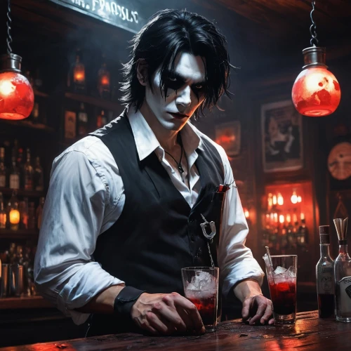 bartender,barman,unique bar,bar,barmaid,apothecary,liquor bar,absinthe,piano bar,vanitas,a drink,vampire,have a drink,izakaya,dracula,chemist,bourbon,cosplay image,pub,drinking establishment,Conceptual Art,Fantasy,Fantasy 19