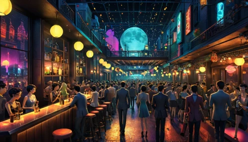 nightclub,shanghai disney,sci fiction illustration,fantasy city,grand bazaar,the cairo,the dubai mall entrance,music venue,valerian,world digital painting,shopping street,arcades,nightlife,kowloon,the market,souq,the disneyland resort,concept art,backgrounds,unique bar,Illustration,Realistic Fantasy,Realistic Fantasy 05