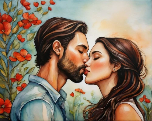 romantic portrait,oil painting on canvas,romantic scene,honeymoon,art painting,beautiful couple,oil painting,two people,couple in love,watercolor painting,flower painting,young couple,watercolor background,kissing,amorous,garden of eden,pda,love couple,oil on canvas,kiss flowers,Conceptual Art,Daily,Daily 34