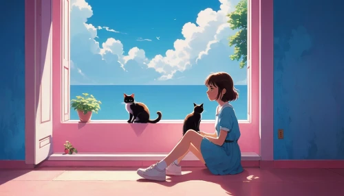 studio ghibli,blue room,the little girl's room,sky apartment,rest room,girl sitting,summer day,house silhouette,overlook,virtual landscape,summer evening,idyll,world digital painting,pink shoes,girl in a long,pink chair,window to the world,sky,dream world,waiting room,Conceptual Art,Daily,Daily 20