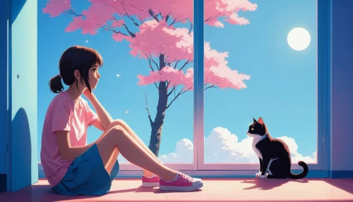 cat on a blue background,silhouette art,sakura background,japanese sakura background,studio ghibli,芦ﾉ湖,two cats,dream world,summer evening,cat lovers,girl sitting,ritriver and the cat,meditative,summer day,shirakami-sanchi,art silhouette,cat tail,cat's cafe,longing,loneliness,Conceptual Art,Daily,Daily 20