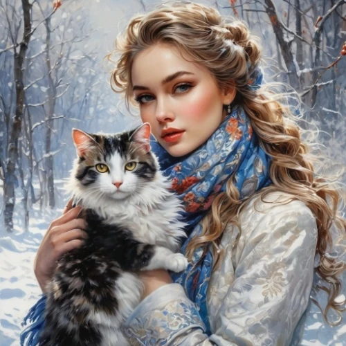 siberian cat,romantic portrait,white cat,the snow queen,winter animals,fantasy picture,suit of the snow maiden,cat with blue eyes,winter background,snow scene,cat lovers,fantasy art,siberian,blue eyes cat,fantasy portrait,winter dream,winter magic,birman,scarf animal,victorian lady