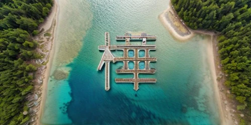 over water bungalows,wooden pier,artificial island,lefkada,aerial view of beach,island chain,shipwreck beach,heron island,floating huts,sunken boat,boat dock,old pier,anchored,old jetty,seaplane,raja ampat,drone image,aquaculture,fish farm,the shrimp farm,Realistic,Landscapes,Serene