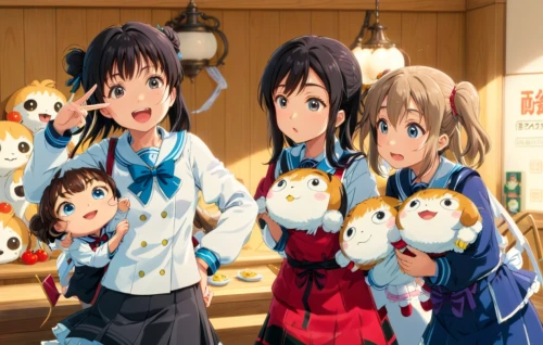 penguin parade,tsumugi kotobuki k-on,stuffed animals,plush figures,penguins,stuffed toys,duck females,kawaii children,azusa nakano k-on,haruhi suzumiya sos brigade,plush dolls,love live,plush toys,a flock of pigeons,kawaii ice cream,penguin balloons,bunnies,horumonyaki,kawaii foods,soft toys,Anime,Anime,Traditional