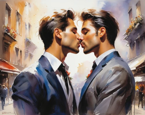 gay love,kissing,glbt,cheek kissing,amorous,kiss,romantic portrait,first kiss,making out,gay couple,bridegroom,grooms,courtship,kissel,whispering,romantic scene,forbidden love,love in air,hot love,gay men,Conceptual Art,Oil color,Oil Color 03