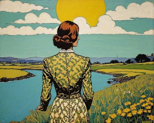 vincent van gough,david bates,olle gill,yellow grass,woman with ice-cream,vincent van gogh,vintage art,sun flowers,post impressionism,girl with bread-and-butter,girl-in-pop-art,yellow sun hat,cool pop art,popart,sunflower field,green fields,helianthus,fields,basset artésien normand,girl on the river
