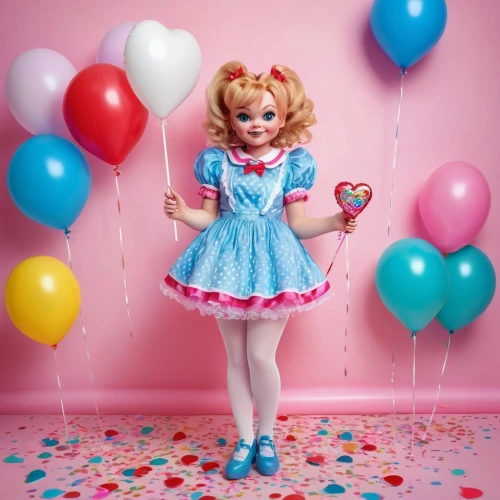 little girl with balloons,doll dress,little girl in pink dress,doll kitchen,vintage doll,pink balloons,blue heart balloons,female doll,rubber doll,balloons mylar,colorful balloons,tumbling doll,little girl dresses,happy birthday balloons,kewpie doll,dress doll,rainbow color balloons,doll's festival,doll's facial features,girl doll,Illustration,Retro,Retro 04