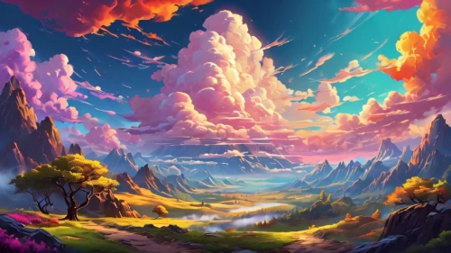 fantasy landscape,mushroom landscape,purple landscape,landscape background,rainbow clouds,unicorn background,high landscape,colorful background,mountain landscape,3d fantasy,nature landscape,volcanic landscape,forest landscape,fantasy picture,fairy world,world digital painting,dusk background,cloud mountains,futuristic landscape,an island far away landscape,Conceptual Art,Daily,Daily 24