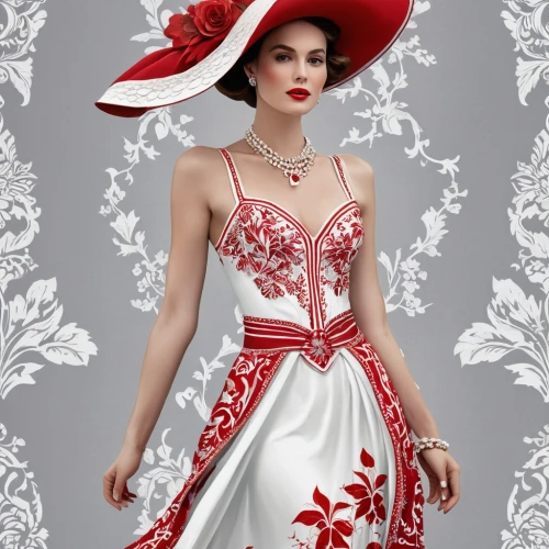 rose white and red,bridal clothing,red magnolia,vintage fashion,lady in red,beautiful bonnet,white and red,red hat,evening dress,vintage floral,victorian lady,flamenco,damask,wedding gown,victorian style,red-hot polka,fashion illustration,panama hat,the hat of the woman,bridal party dress,Photography,General,Realistic