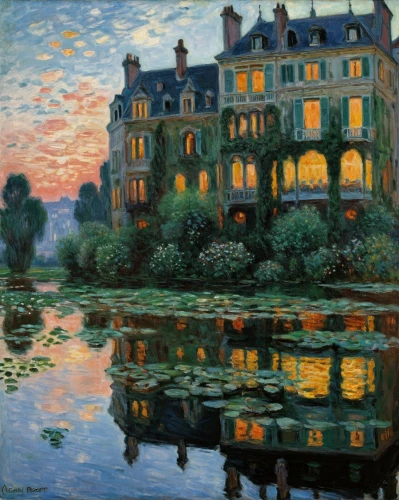 braque du bourbonnais,claude monet,house with lake,house by the water,art nouveau,1906,1905,vincent van gough,in the evening,braque francais,orsay,l'isle-sur-la-sorgue,louvre,partiture,the evening light,post impressionist,paris,lilly pond,château,lapereau