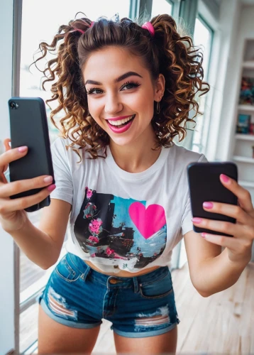 girl in t-shirt,woman holding a smartphone,tiktok icon,a girl with a camera,phone icon,htc,phone case,music on your smartphone,girl at the computer,tshirt,pink background,girl with speech bubble,using phone,camera,taking photos,social media addiction,mobile phone case,tee,photo camera,taking photo,Conceptual Art,Oil color,Oil Color 07