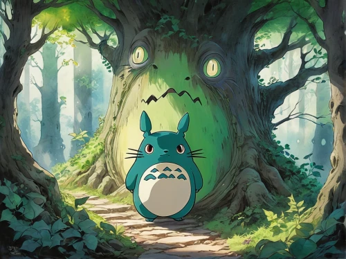 studio ghibli,my neighbor totoro,forest animal,bulbasaur,in the forest,forest background,cartoon forest,forest walk,forest path,forest floor,fairy forest,the forest,ori-pei,digital painting,forest,haunted forest,rabbit owl,fairy door,frog background,digital illustration,Illustration,Abstract Fantasy,Abstract Fantasy 23