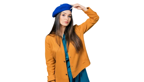 girl wearing hat,beret,women clothes,hat womens filcowy,women's clothing,high-visibility clothing,asian conical hat,teal and orange,fashion vector,long-sleeved t-shirt,the hat-female,hat womens,bolero jacket,menswear for women,female model,coat color,women fashion,costume hat,blue background,yellow and blue,Illustration,Realistic Fantasy,Realistic Fantasy 12