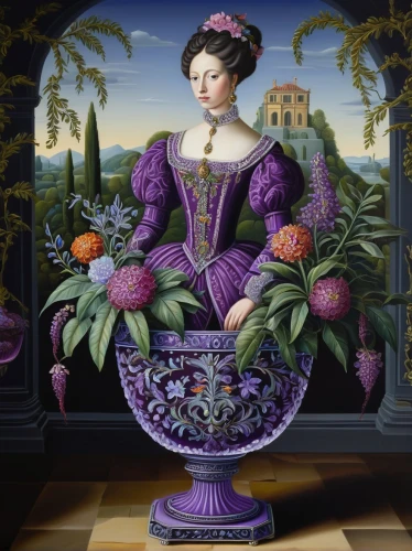 la violetta,soprano lilac spoon,rococo,floral ornament,cepora judith,violet chrysanthemum,bellini,vase,the lavender flower,grape-hyacinth,floral arrangement,barbary fig,girl with cereal bowl,purple chrysanthemum,flower vase,woman holding pie,dahlia purple,queen anne,meticulous painting,purple dahlias,Illustration,Abstract Fantasy,Abstract Fantasy 12