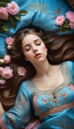 the sleeping rose,sleeping rose,sleeping beauty,rose sleeping apple,girl lying on the grass,relaxed young girl,sleeping,sleeping apple,woman on bed,closed eyes,dreaming,mystical portrait of a girl,girl in bed,blue pillow,cinderella,fairy tale character,fantasy portrait,world digital painting,zzz,blanket of flowers,Conceptual Art,Fantasy,Fantasy 11