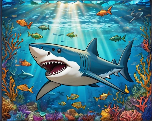 great white shark,aquarium decor,requiem shark,calyx-doctor fish white,underwater background,aquatic animals,sea animals,bull shark,shark,sand tiger shark,aquarium inhabitants,cetacea,aquarium fish feed,cartoon video game background,game illustration,shoal,marine animal,bronze hammerhead shark,aquarium,underwater world,Illustration,Japanese style,Japanese Style 07