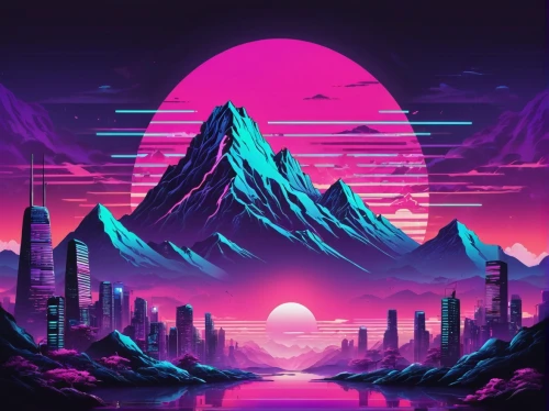 futuristic landscape,purple landscape,vast,mountain sunrise,mountains,vapor,alien planet,mountain world,80's design,dusk background,alien world,retro background,ultraviolet,dusk,volcano,mountain,barren,lagoon,fantasy landscape,ipê-purple,Unique,Design,Logo Design