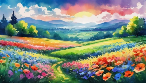 flower field,tulip field,flower painting,field of flowers,blanket of flowers,blooming field,springtime background,meadow in pastel,landscape background,flower meadow,flowers field,tulips field,meadow landscape,watercolor background,tulip festival,spring background,flower background,colorful background,tulip fields,sea of flowers,Conceptual Art,Daily,Daily 24