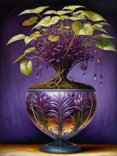 glass vase,glass painting,vase,flower vase,sacred fig,ikebana,wisteria shelf,potted plant,fig tree,funeral urns,potpourri,lilac tree,barbary fig,flourishing tree,maple tree in pot,ficus,ornamental plant,pot pourri,soprano lilac spoon,still life of spring,Illustration,Realistic Fantasy,Realistic Fantasy 34