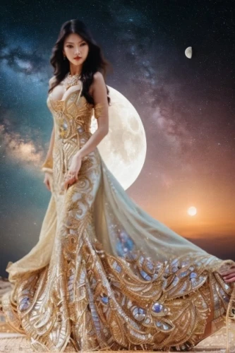 queen of the night,fantasy picture,oriental princess,gold filigree,celestial body,evening dress,moon phase,moon and star background,celtic woman,moonlit night,blue moon rose,fantasy woman,moonlit,cassiopeia,moonflower,lady of the night,celestial bodies,photomanipulation,starry sky,celestial