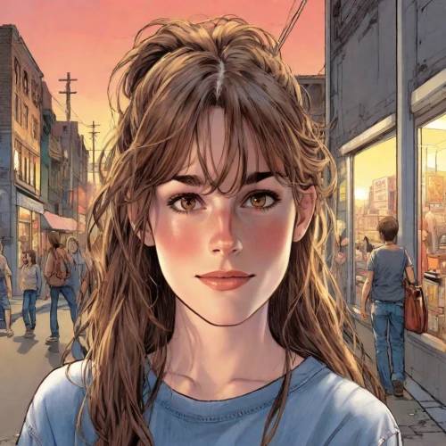 clementine,jane austen,waitress,city ​​portrait,lori,rosa ' amber cover,sci fiction illustration,the girl's face,girl portrait,girl with speech bubble,digital painting,the girl at the station,cinnamon girl,world digital painting,the girl,girl in a historic way,street fair,main character,a pedestrian,game illustration,Digital Art,Comic