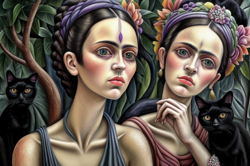 david bates,adam and eve,dualism,surrealism,mirror image,split personality,heads of royal palms,the three graces,indian art,parallel worlds,african art,women at cafe,two girls,womanhood,gothic portrait,art exhibition,heads,faces,oil painting on canvas,art painting