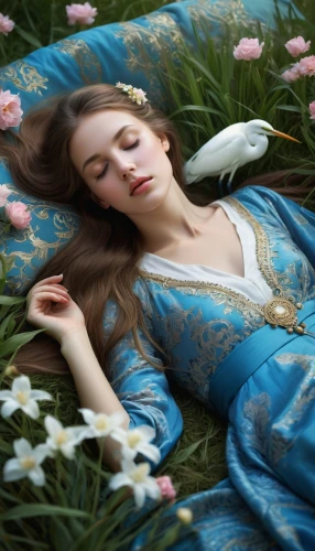 the sleeping rose,girl lying on the grass,sleeping rose,sleeping beauty,idyll,rose sleeping apple,relaxed young girl,girl in the garden,fairy queen,girl in flowers,cinderella,eglantine,gracefulness,fallen petals,faery,sleeping,dreaming,blue rose,rusalka,closed eyes,Conceptual Art,Fantasy,Fantasy 11