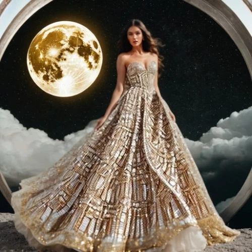 queen of the night,moon phase,moon shine,sun moon,evening dress,celestial body,gold filigree,mirror ball,ball gown,celestial,gold foil art,full moon,lunar,lady of the night,photo manipulation,photomanipulation,super moon,moonlit,photomontage,fairytales