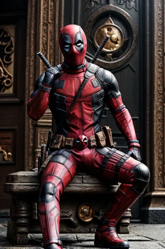deadpool,dead pool,daredevil,the suit,suit actor,crossbones,red hood,spider-man,spiderman,spawn,cross legged,red super hero,seated,spider man,pointing,squat position,sitting on a chair,sit,xmen,cosplay image