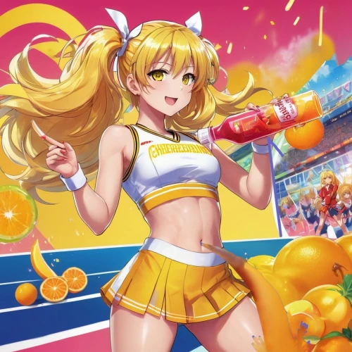 yang,cheering,orangina,cheerleader,citrus,lemonsoda,sports girl,yuzu,fanta,valencia orange,honey candy,pollen panties,candy island girl,cheer,water gun,vitamin c,water fight,lucozade,playmat,sports drink