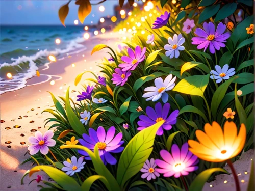 australian daisies,sea of flowers,splendor of flowers,beach moonflower,flower background,bright flowers,flower in sunset,colorful flowers,sun daisies,colorful daisy,flower painting,colorful light,seaside daisy,beautiful beach,african daisies,flower art,daisies,luminous garland,beach landscape,floral background,Anime,Anime,Cartoon