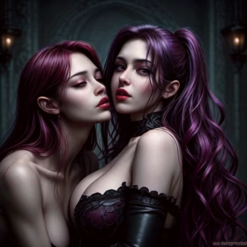 gothic portrait,la violetta,vampires,gothic style,gothic fashion,dark art,dark purple,vampire woman,vampire lady,gothic woman,dark gothic mood,angel and devil,purple and pink,fantasy art,gothic,fantasy picture,gemini,two girls,red-purple,romantic portrait