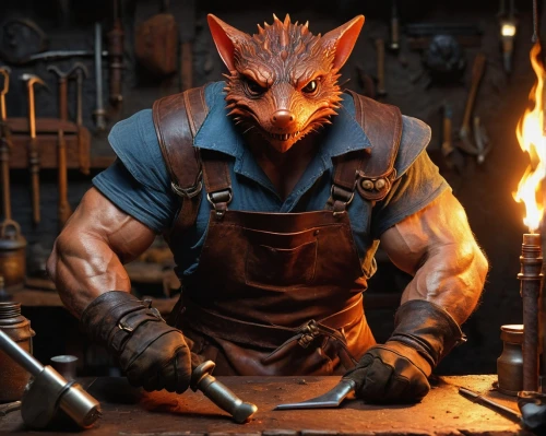 blacksmith,tinsmith,splinter,metalsmith,woodworker,forge,a fox,fox,rocket raccoon,metalworking,wolverine,steelworker,axe,iron pour,a carpenter,wood shaper,male character,grey fox,ironworker,wolf bob,Illustration,Paper based,Paper Based 10