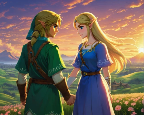 link,throughout the game of love,rupees,hands holding,a fairy tale,holding hands,hold hands,way of the roses,prince and princess,ocarina,links,sun and moon,fairy tale,the hands embrace,two hearts,beautiful couple,hand in hand,link outreach,fairytale,romantic meeting,Illustration,Japanese style,Japanese Style 15