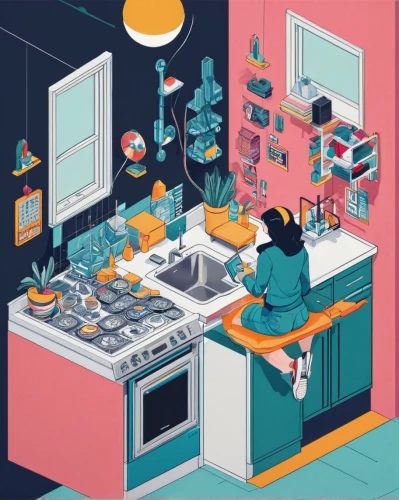 girl in the kitchen,kitchen,cooking book cover,the kitchen,big kitchen,kitchenette,kitchen interior,star kitchen,kitchen shop,laundry room,mess in the kitchen,kitchen work,vintage kitchen,kitchen counter,kitchen table,kitchen design,domestic,doll kitchen,an apartment,dishes,Unique,3D,Isometric