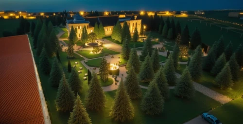 landscape lighting,golf hotel,the park at night,3d rendering,golf resort,bendemeer estates,indian canyons golf resort,fairmont chateau lake louise,eco hotel,feng shui golf course,night view,the golfcourse,knight village,aventine hill,hotel complex,aurora village,tsaritsyno,luxury property,view from above,sculpture park,Photography,General,Natural