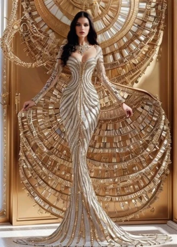 harpist,wedding gown,evening dress,bridal dress,miss vietnam,bridal clothing,decorative fan,haute couture,gold filigree,golden wreath,assyrian,golden weddings,wicker,ball gown,decorative art,miss circassian,hoopskirt,bridal party dress,indian bride,harp strings