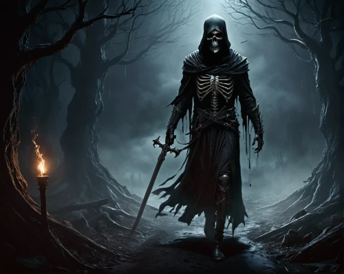 grimm reaper,grim reaper,dance of death,reaper,death god,dark art,slender,angel of death,undead warlock,hooded man,danse macabre,pall-bearer,scythe,blackmetal,halloween background,skeletal,dark gothic mood,skeleltt,skeleton key,hag,Conceptual Art,Fantasy,Fantasy 34