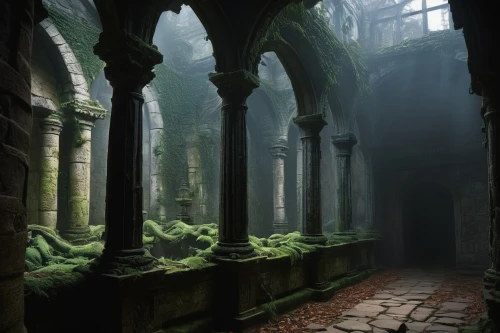 haunted cathedral,hall of the fallen,abandoned place,ruins,abandoned places,elven forest,sanctuary,fantasy landscape,pillars,ghost castle,mausoleum ruins,lost place,lostplace,enchanted forest,gothic architecture,haunted forest,abandoned,witch's house,forest chapel,foggy forest,Illustration,American Style,American Style 09