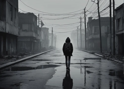 girl walking away,desolate,desolation,han thom,walking in the rain,loneliness,gray-scale,woman walking,photo manipulation,photomanipulation,pedestrian,emptiness,to be alone,conceptual photography,overcast,wanderer,gloomy,grey sky,dark world,lan thom,Illustration,Black and White,Black and White 16