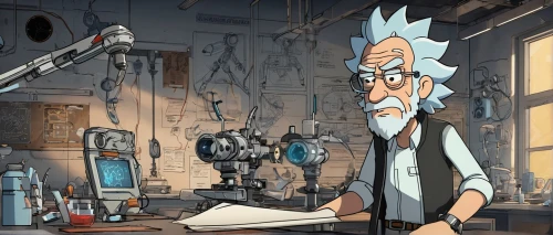 cartoon doctor,watchmaker,theoretician physician,scientist,examining,laboratory,professor,clockmaker,2d,researcher,tinkering,microscope,sakana,sci fiction illustration,chemist,biologist,geppetto,apothecary,shopkeeper,man with a computer,Unique,Design,Blueprint